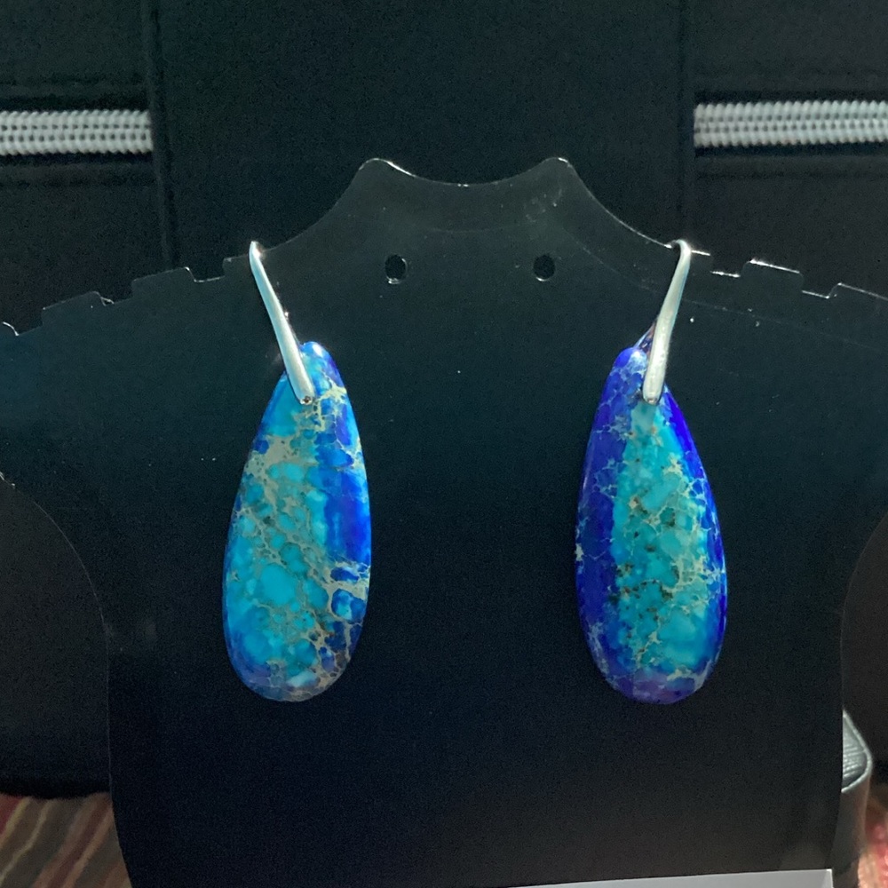 🪸Blue Sea Sediment Waterdrop Natural Stone French hook Earrings🐚 - Picture 6 of 12